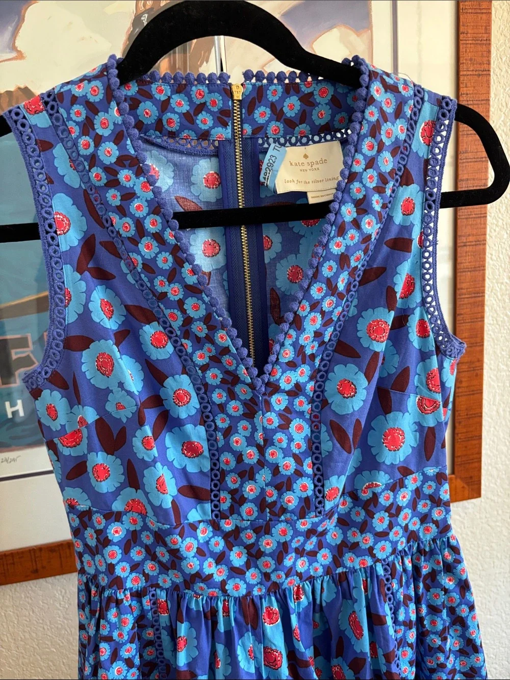 $348 Kate aspade New York Tangier Floral Fit and Flare Blue Botanical Dress